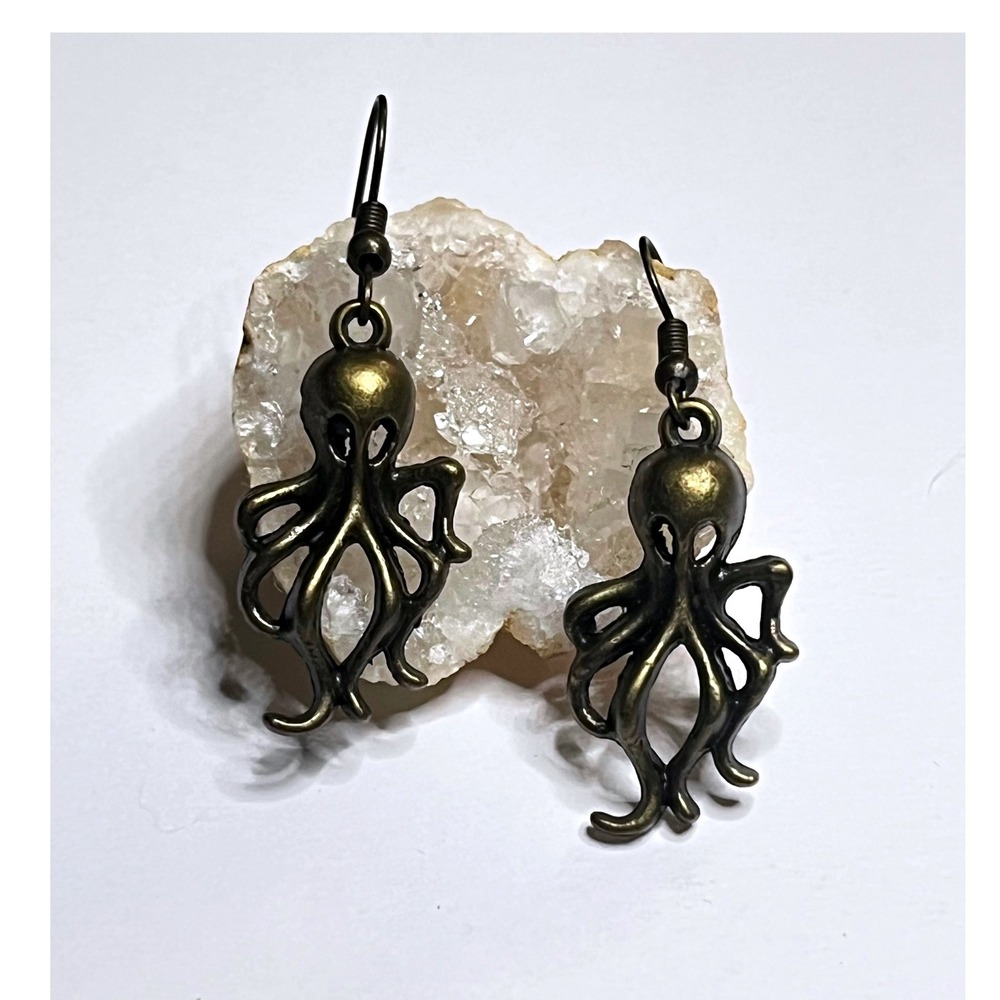 Alien Octopus Drop Earrings Bronze Tone Tentacle Nautical Ocean Space Sea life